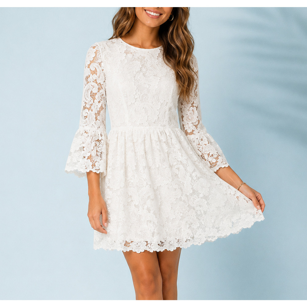 Perseverance London White Lace Bell Sleeve Dress Womens 6 Bridal Preppy Sheath